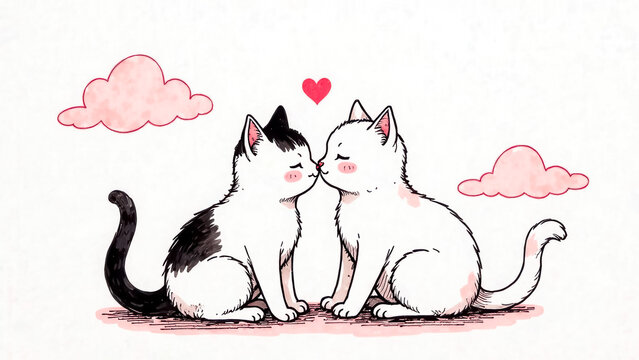 A pair of cats in love are sitting on clouds and looking at each other. The concept of love. A Valentine's day card. Loving pets. Fall in love. Red heart as a love symbol. Blue and pink colors of art.