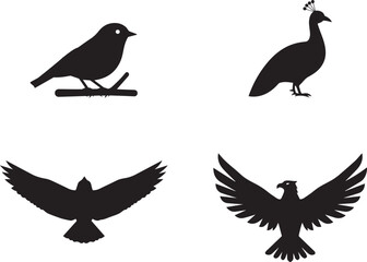 Fototapeta premium Variety of bird silhouettes: a perching songbird, an elegant peahen, and powerful flying eagles