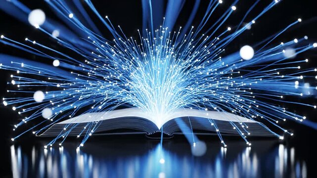 Open book with glowing fiber optic light