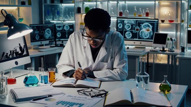 Young african american male microbiologist sitting at his desk, writing down research findings. Medical science laboratory with modern equipment