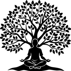 Silhouette of person meditating under tree, zen vector isolated on White Background