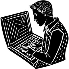 Silhouette of coder typing at laptop, tech vector isolated on White Background