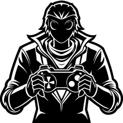 Silhouette of gamer holding controller, gaming vector isolated on White Background