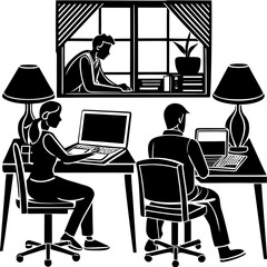Silhouettes of remote workers at desk, work from home vector isolated on White Background