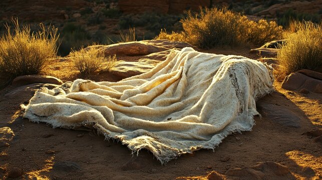 A worn woolen blanket with frayed edges lies on dry desert ground illuminated by warm sunlight