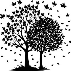 Silhouette of trees with falling leaves, autumn vector isolated on White Background