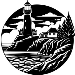 Silhouette of lighthouse on cliff, coastal vector isolated on White Background