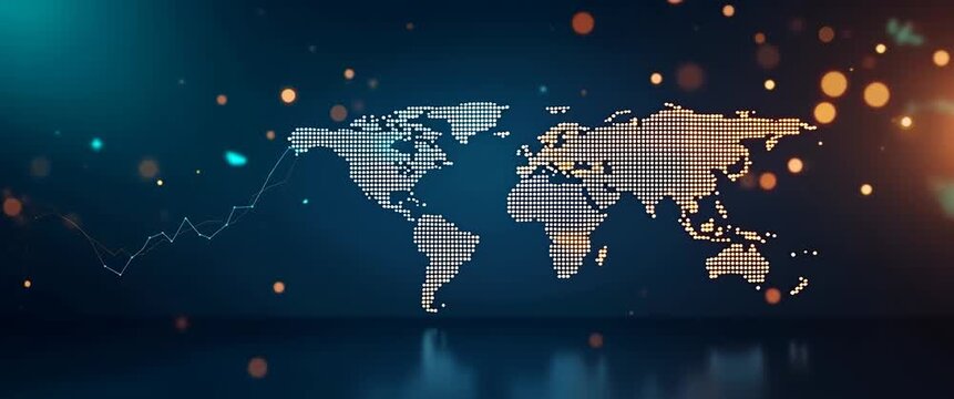 Dynamic digital world map with data points pulsing, camera gently panning across, ambient lights flickering in a cinematic style; ideal for financial and technology stock footage.