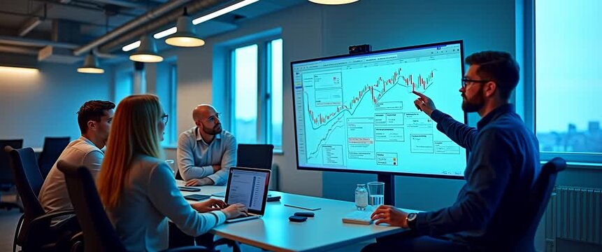 Professionals collaborate in a modern office, analyzing data on a large screen; the camera slowly pans while ambient light flickers, creating a cinematic and focused atmosphere.