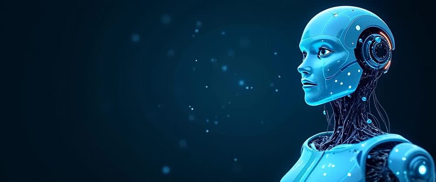 Futuristic humanoid robot interacts with digital screen; slow camera pan reveals dynamic data flows; cinematic style emphasizes technological innovation and AI evolution.