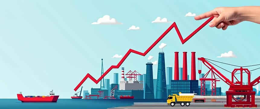Hand points to rising graph over industrial cityscape, symbolizing economic growth; slow pan reveals bustling port activity with ships and trucks, in a clean, professional animation style.