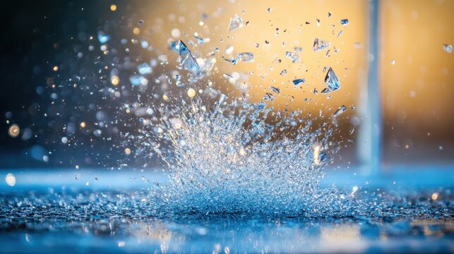 Dynamic explosion of shattering glass fragments and water splash against a warm glowing background