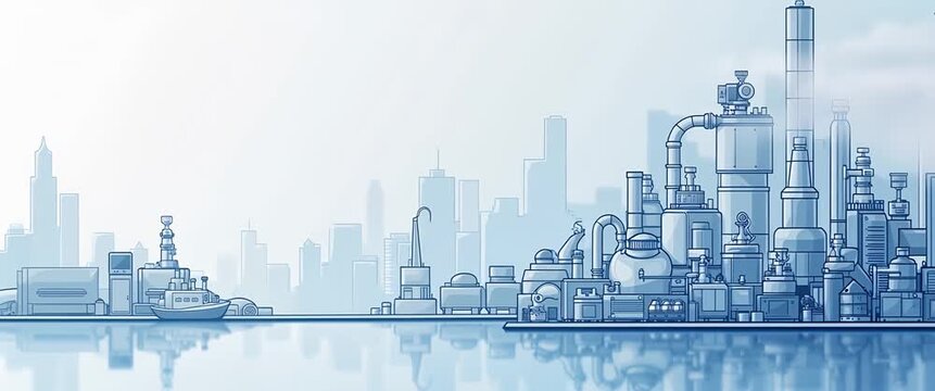 Industrial skyline with ship gliding past refinery, camera steadily tracking left, gentle clouds drift overhead; cinematic, clean lines perfect for corporate presentations.