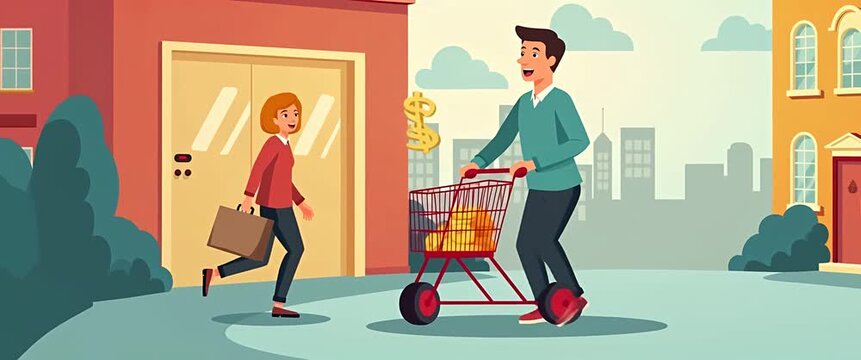 Cheerful man pushes a shopping cart filled with gold coins through a vibrant cityscape, with a woman in pursuit; camera gently pans to create a lively, animated atmosphere.