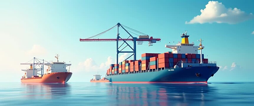 Cargo ships glide smoothly through calm ocean waters, with cranes in the background, as the camera pans slowly to reveal a serene maritime landscape, in a cinematic style.