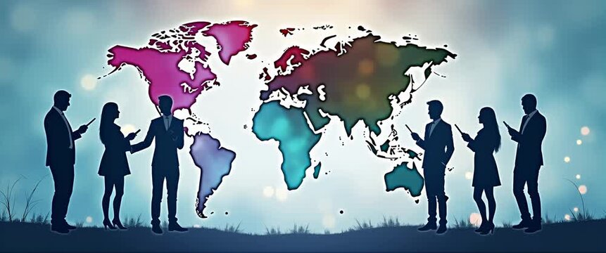 Silhouetted business professionals engage in dynamic discussion as the camera slowly pans across a world map backdrop, with ambient lights flickering in a cinematic global networking scene.