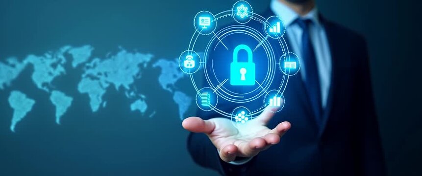 Businessman presents a digital security interface, as the camera slowly pans across a futuristic, secure network environment with gentle ambient lighting, creating a cinematic, high-tech scene.