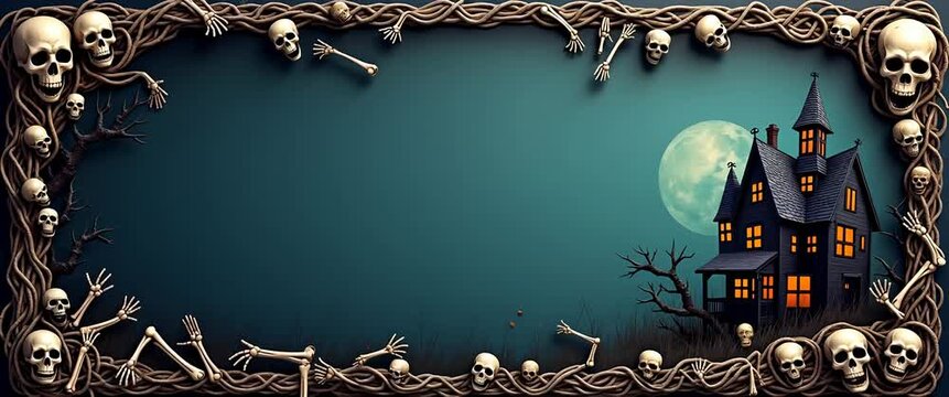 Eerie haunted house under full moon, skeletons subtly animate around edges, camera slowly pans, ambient wind rustles leaves, cinematic Halloween night scene.