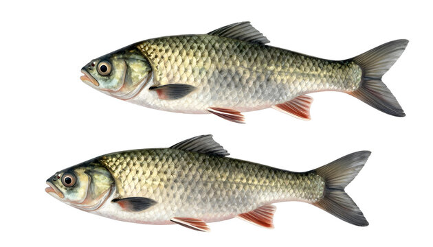 Two detailed illustrations of freshwater fish, common roach, isolated on white background