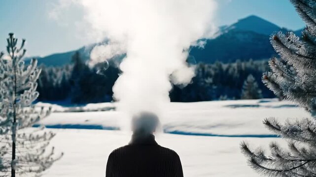 A solitary figure stands in a snowy field as a thick plume of breath billows upward, obscuring the head, framed by frosted pines and distant blue mountains beneath a bright winter sky.