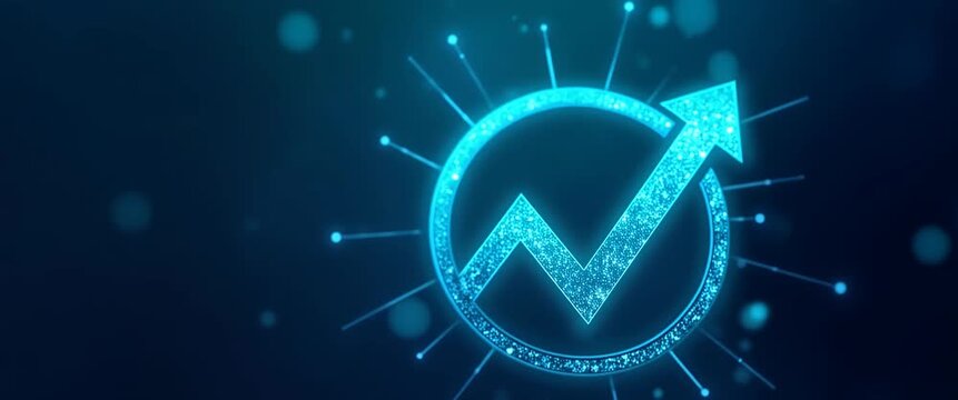 Sparkling upward arrow inside a circle glows against a dark, bokeh-filled background, with subtle light flickers and a slow camera pan, creating a cinematic, futuristic financial growth concept.