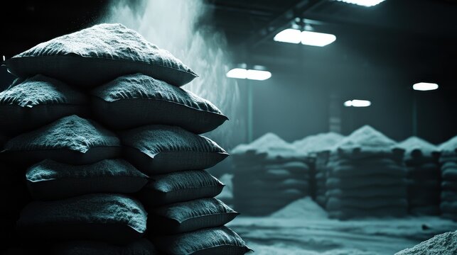 Stacks of flour sacks dusted with fine powder stored in a dimly lit industrial warehouse with rows of similar sacks in the background