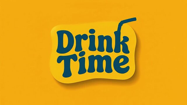 Retro drink time logo animation with straw and wavy text on yellow background vibrant fun