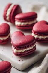 Fototapeta premium Red heart macarons dessert background for Valentine’s Day ecommerce visuals, gift promotions, and seasonal online sales