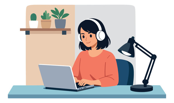 Modern flat design illustration of a young woman depicting working on a laptop with headphones for a remote work concept