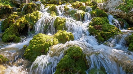 Water cascading over smooth moss covered rocks creating a tranquil natural scene