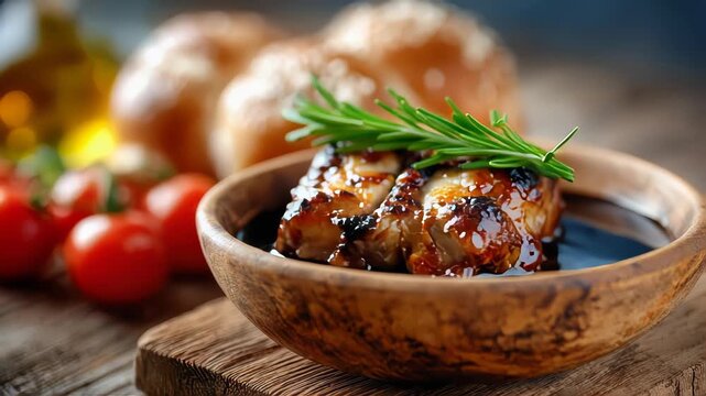 Grilled steak in dark sauce topped with rosemary on a rustic wooden table, with cherry tomatoes, bread and olive oil, gourmet dinner close-up