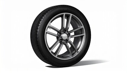 Obraz premium Upright car tire with silver alloy wheel on plain white background, showcasing tread and multi-spoke design.