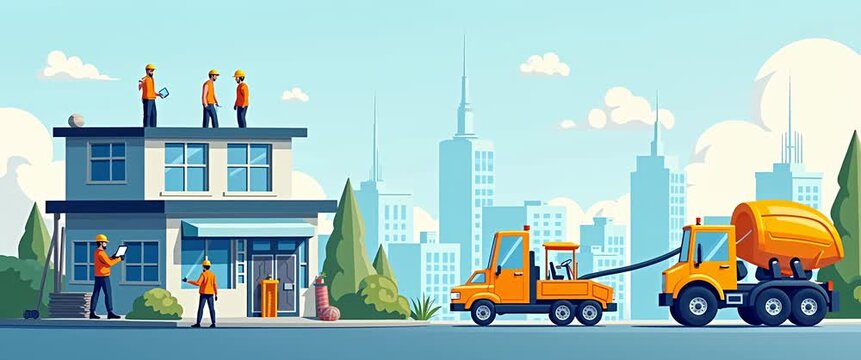 Construction workers collaborate on a modern building site, as a cement truck moves steadily; the camera pans smoothly across the urban skyline in a vibrant, illustrative style.