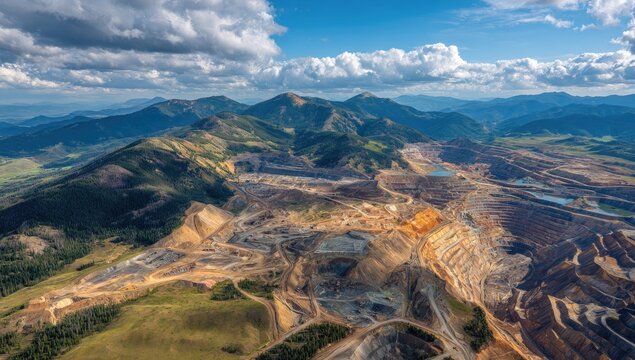 Aerial view capturing a massive industrial site scarring a valley. The earth is excavated revealing layered sections, contrasting with lush green surroundings