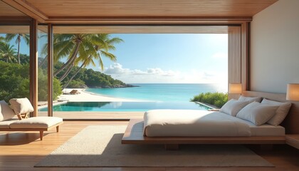 Fototapeta premium Luxury bedroom with ocean view infinity pool. Modern villa interior features king bed, sunlit balcony, and tropical paradise outside. Peaceful relaxation.