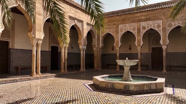 Serene Courtyard with Fountain and Arches A Tranquil Architectural Oasis in Marrakech