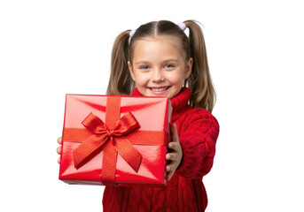 joyful young caucasian girl in a red cable knit sweater holding a vibrant red gift box with a satin bow, smiling against a clean transparent background. Concept of childhood happiness and gift-giving