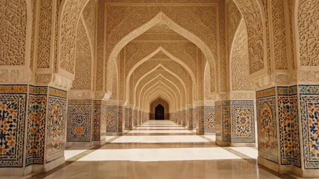 Infinite arches and intricate patterns define a grand architectural corridor, bathed in soft light, showcasing historical design and cultural richness