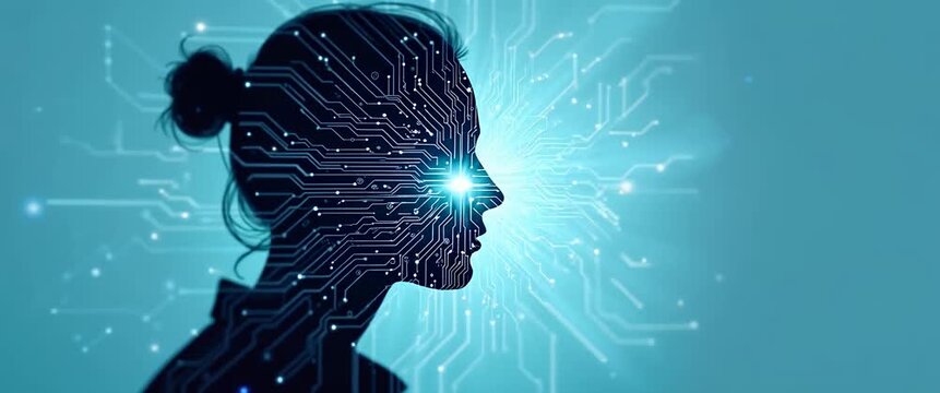 Silhouette of a woman's profile merges with digital circuits, creating a futuristic blend; gentle ambient light flickers as the camera slowly pans, capturing the essence of innovation in a cinematic s