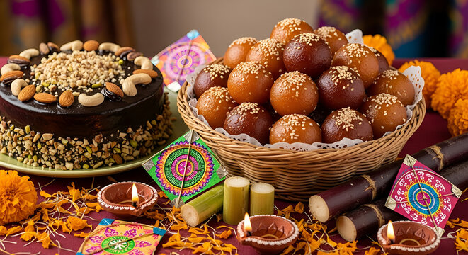 chocolate cake with nuts, chocolate cake with nuts, Traditional Indian Til Ladoo and gulab jaman in Woven Basket for Makar Sankranti Festival. Festive Sesame Balls with Kites, Diya, Sugarcane
