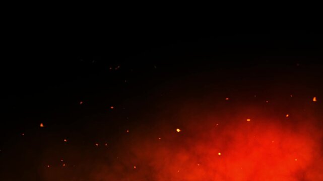 Fire particles and sparks on a black and red background. 3D 4K animation.
