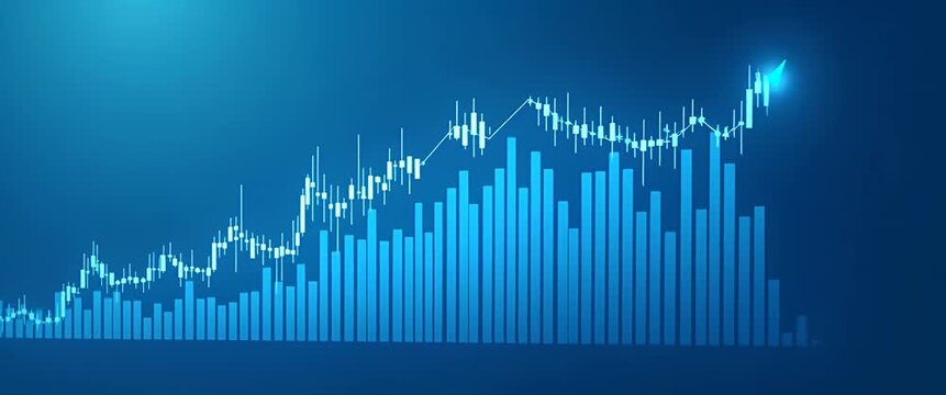 Cinematic stock market data visualization with dynamic graphs in motion, as the camera smoothly pans across a glowing blue financial chart, evoking a sense of economic growth and analysis.
