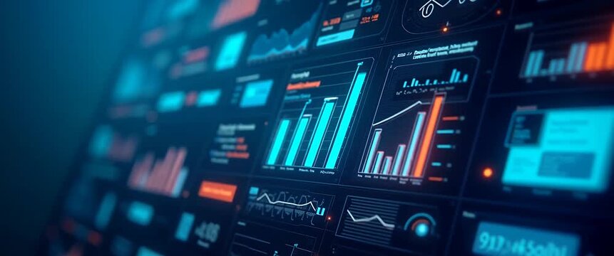 Dynamic data visualization charts animate seamlessly with a slow camera pan, illuminating digital analytics insights in a futuristic, cinematic style, ensuring ample copy space.