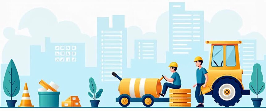 Construction site workers operate machinery, engaging in dynamic teamwork as the camera slowly pans across the bustling urban environment, creating a vibrant, cartoon-style animation.