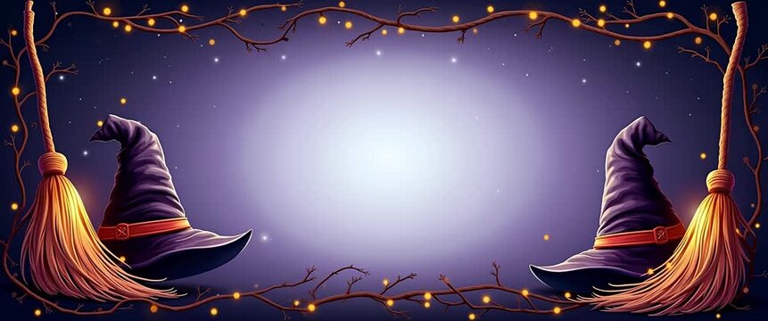 Whimsical Halloween scene with witch hats and brooms gently swaying, surrounded by glowing lights on twisted branches; slow pan reveals enchanting ambiance, ideal for seasonal cinematic storytelling.