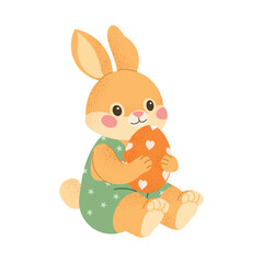 Cute Easter bunny holding decorated egg. Adorable rabbit character, sweet spring holiday illustration.