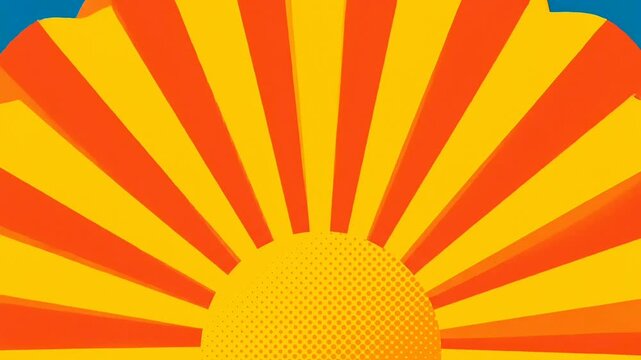 Dynamic pop art sunrise animation with vibrant yellow and orange radial rays background.