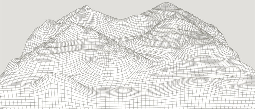 Abstract 3D Topographic Contour Mesh showing Elevation Relief. Wireframe Map Surface for Digital Geodesy, Civil Engineering, and Data Analysis. Minimalist Geometric Terrain Landscape Background