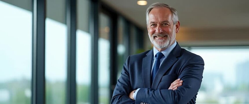 Confident executive in a modern office setting, gently nodding; cinematic slow pan captures ambient light flicker and subtle plant motion, emphasizing leadership and professional success.