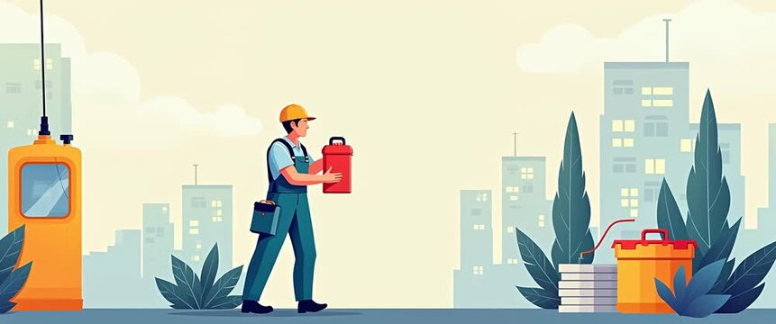 Construction worker moves equipment in vibrant urban setting; slow pan captures city skyline as leaves gently sway. Cinematic, stock-friendly, ideal for industrial and urban themes.